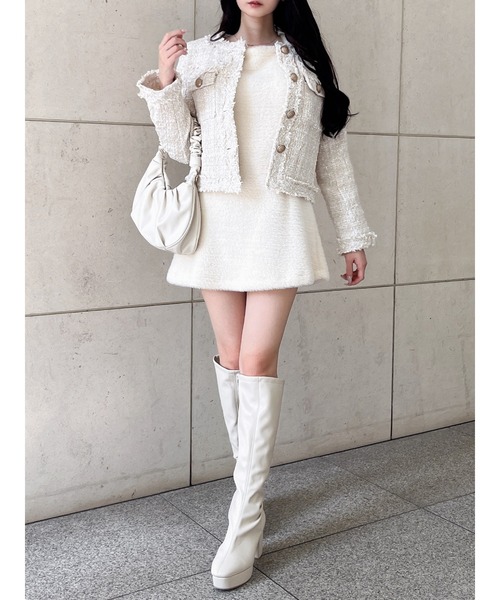 MIIA（ミーア）の「フリンジツイードジャケット（カーディガン/ボレロ・レディース・ベージュ/ブラック/オフホワイト・FREE）」の11枚目の写真