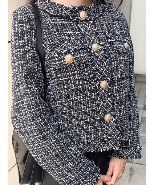 MIIA（ミーア）の「フリンジツイードジャケット（カーディガン/ボレロ・レディース・ベージュ/ブラック/オフホワイト・FREE）」の9枚目の写真