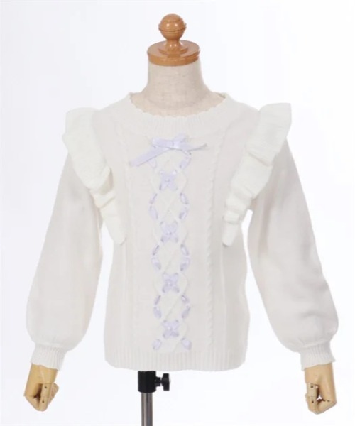 axes femme（アクシーズファム）の「リボンケーブル肩フリルニット（ニット/セーター・キッズ・キナリ/ミント・MEDIUM/LARGE/X-LARGE）」の3枚目の写真