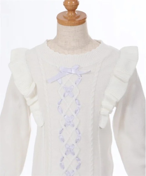 axes femme（アクシーズファム）の「リボンケーブル肩フリルニット（ニット/セーター・キッズ・キナリ/ミント・MEDIUM/LARGE/X-LARGE）」の6枚目の写真