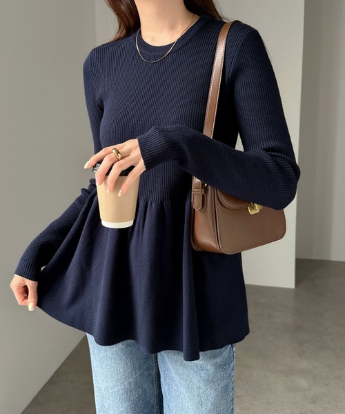 無地ボーダーペプラムフレアリブニットトップス（ニット/セーター