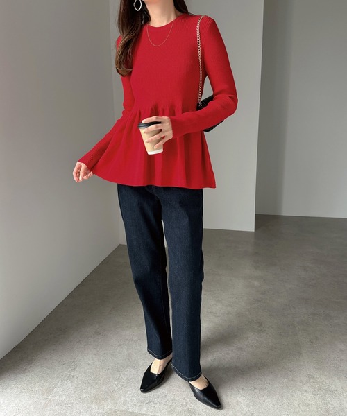 セール】無地ボーダーペプラムフレアリブニットトップス（ニット