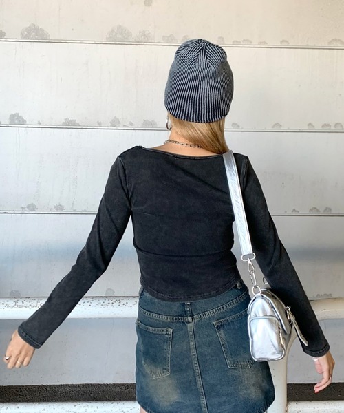 non-hedge(ノンヘッジ)の「レースアップリブショート丈ロンT(Tシャツ/カットソー・レディース・ブラック/チャコールグレー/オフホワイト・FREE)」の7枚目の写真