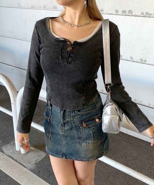non-hedge(ノンヘッジ)の「レースアップリブショート丈ロンT(Tシャツ/カットソー・レディース・ブラック/チャコールグレー/オフホワイト・FREE)」の8枚目の写真