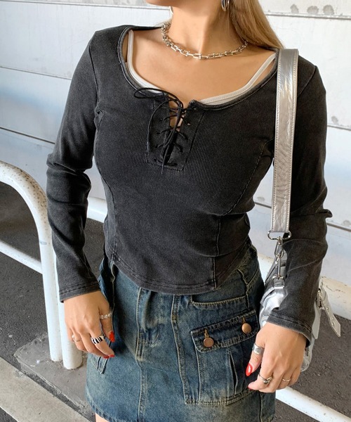 non-hedge(ノンヘッジ)の「レースアップリブショート丈ロンT(Tシャツ/カットソー・レディース・ブラック/チャコールグレー/オフホワイト・FREE)」の9枚目の写真