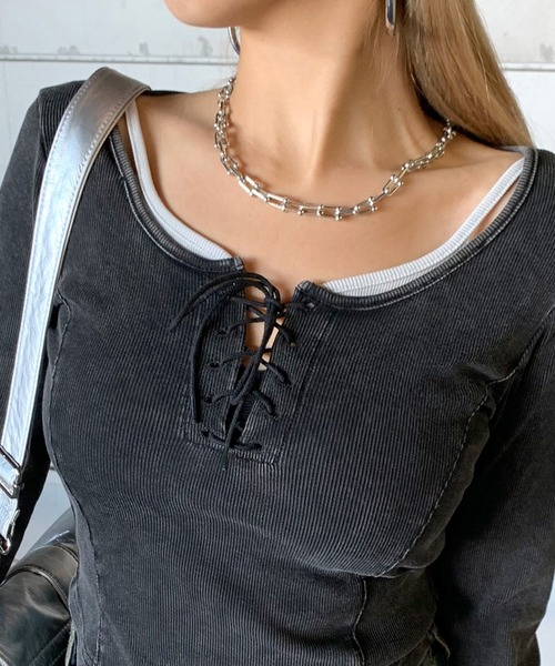 non-hedge(ノンヘッジ)の「レースアップリブショート丈ロンT(Tシャツ/カットソー・レディース・ブラック/チャコールグレー/オフホワイト・FREE)」の10枚目の写真