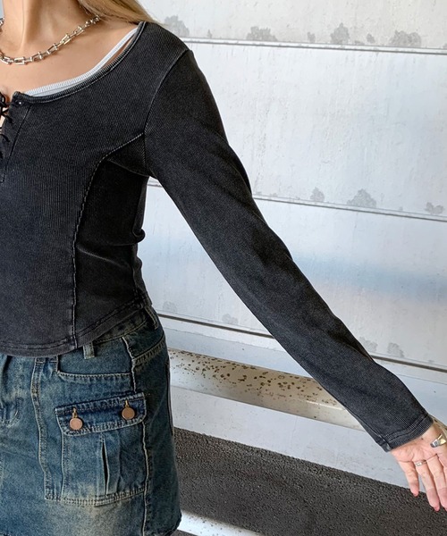 non-hedge(ノンヘッジ)の「レースアップリブショート丈ロンT(Tシャツ/カットソー・レディース・ブラック/チャコールグレー/オフホワイト・FREE)」の12枚目の写真