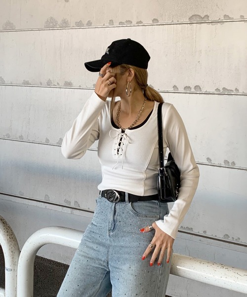 non-hedge(ノンヘッジ)の「レースアップリブショート丈ロンT(Tシャツ/カットソー・レディース・ブラック/チャコールグレー/オフホワイト・FREE)」の17枚目の写真