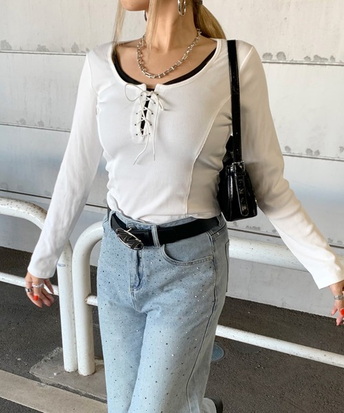 non-hedge(ノンヘッジ)の「レースアップリブショート丈ロンT(Tシャツ/カットソー・レディース・ブラック/チャコールグレー/オフホワイト・FREE)」の18枚目の写真