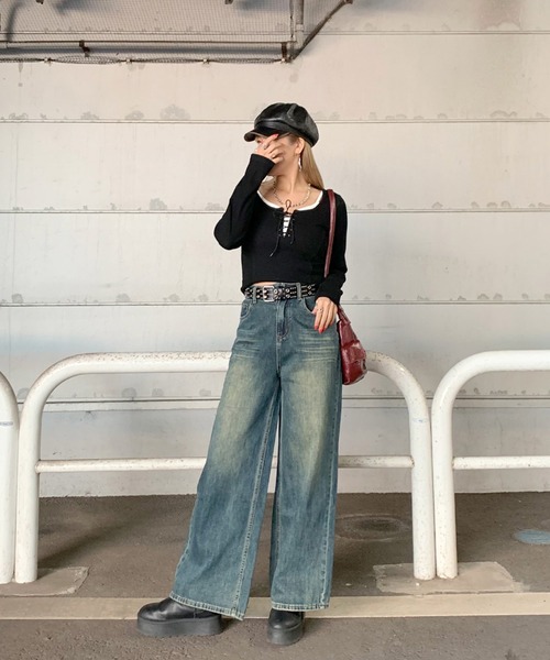 non-hedge(ノンヘッジ)の「レースアップリブショート丈ロンT(Tシャツ/カットソー・レディース・ブラック/チャコールグレー/オフホワイト・FREE)」の20枚目の写真