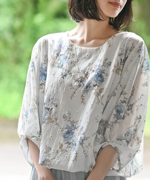 ボタニカル柄カットソー 花柄シフォン ドローストリング 透け感 7分袖 バルーンブラウス 細く見える 七部袖(ホワイト,  2XL) Amazon.co.jp: ボタニカル柄カットソー 花柄シフォン ドロー