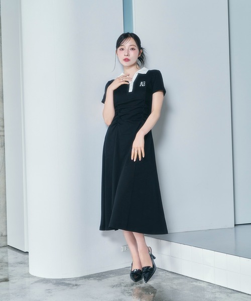 ANDGEEBEE（アンジービー）の「ギャザーポロロングワンピ（ワンピース・レディース・ブラック/グレー・FREE）」の3枚目の写真