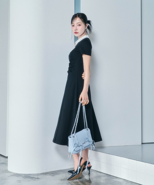 ANDGEEBEE（アンジービー）の「ギャザーポロロングワンピ（ワンピース・レディース・ブラック/グレー・FREE）」の5枚目の写真