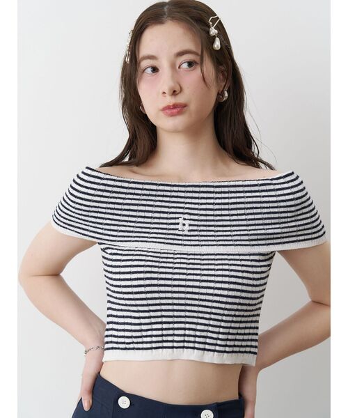 セール】BOEDER OFFSHOULDER KNIT PO/ボーダーオフショルダー