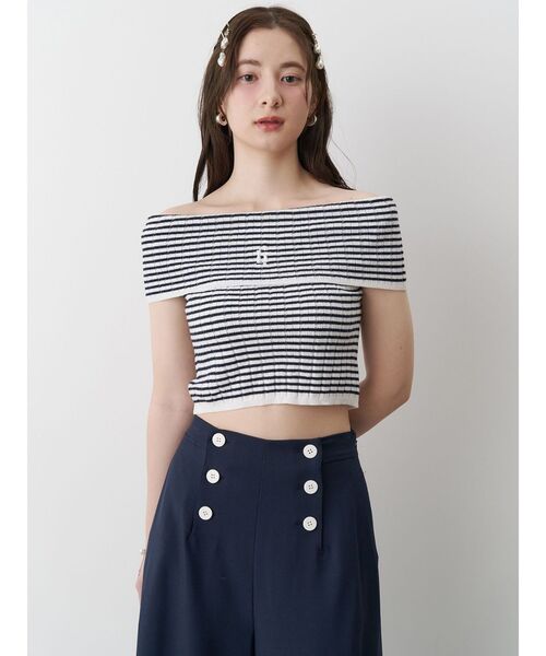 セール】BOEDER OFFSHOULDER KNIT PO/ボーダーオフショルダー