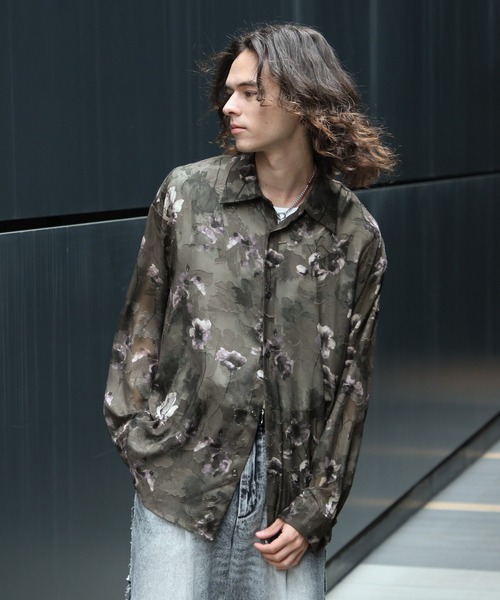 ライト 新品　HARE ハレ　フラワージャガード　シアーシャツ　カーキ　M HARE（ハレ）の「フラワージャガードシアーシャツ(HARE)（シャツ
