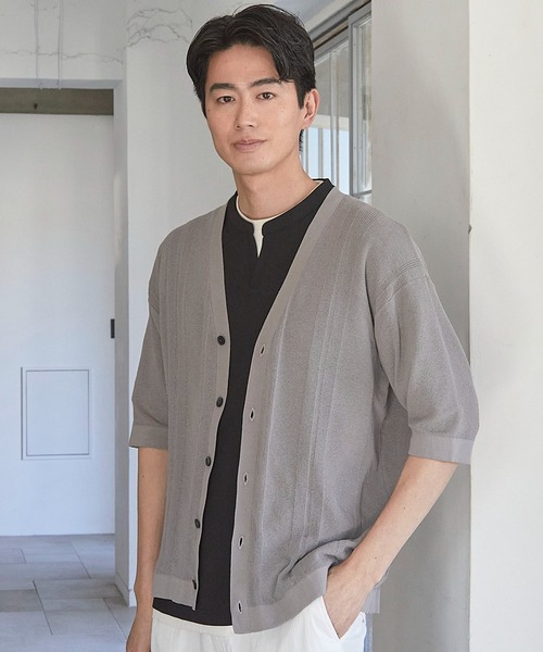 UNION STATION（ユニオンステーション）の「ハイゲージシャドーストライプ5分袖カーディガン（カーディガン/ボレロ・メンズ・グレー系その他/ブラック/ブルー・M/L/LL）」の2枚目の写真