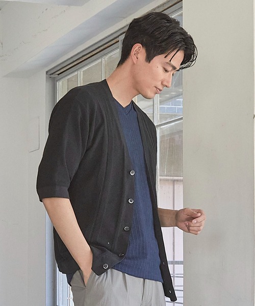 UNION STATION（ユニオンステーション）の「ハイゲージシャドーストライプ5分袖カーディガン（カーディガン/ボレロ・メンズ・グレー系その他/ブラック/ブルー・M/L/LL）」の6枚目の写真