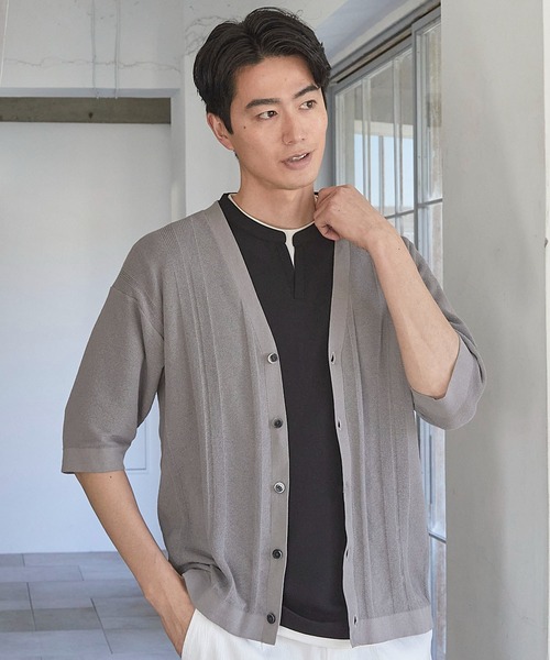 UNION STATION（ユニオンステーション）の「ハイゲージシャドーストライプ5分袖カーディガン（カーディガン/ボレロ・メンズ・グレー系その他/ブラック/ブルー・M/L/LL）」の10枚目の写真