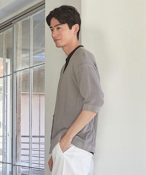 UNION STATION（ユニオンステーション）の「ハイゲージシャドーストライプ5分袖カーディガン（カーディガン/ボレロ・メンズ・グレー系その他/ブラック/ブルー・M/L/LL）」の11枚目の写真