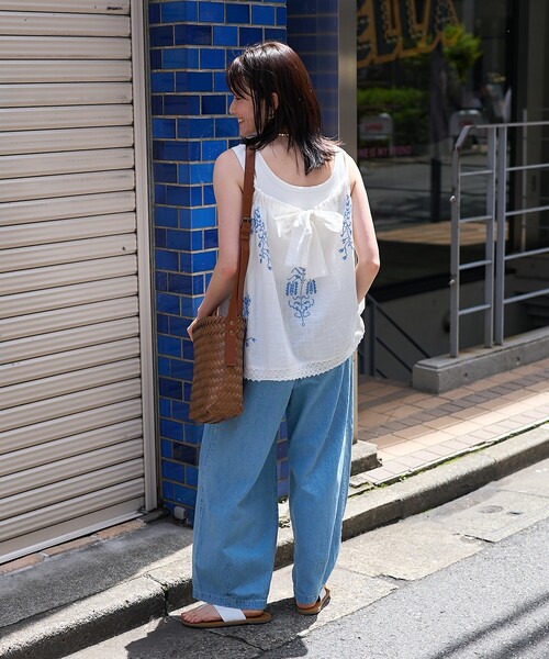 FREAK'S STORE（フリークスストア）の「インド コットンスラブ刺繍 バックリボンキャミソール<セットアップ対応>（キャミソール・レディース・オフホワイト/ブラック・ﾌﾘ-）」の5枚目の写真