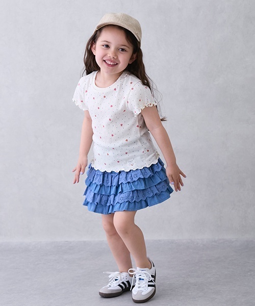 petit main（プティマイン）の「【リンク】レースフリルスカート(キッズ)（スカート・キッズ・ブルー/オフホワイト/ピンク・100cm/130cm/120cm/110cm/90cm/80ｃｍ）」の4枚目の写真