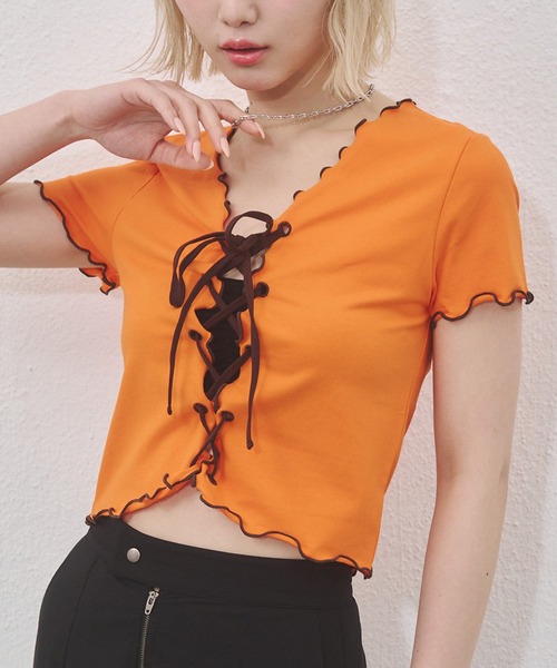 ANDREDAMO 売れ筋商品|||アンドレダモ Tシャツ トップス レディース Tops Orange andme tシャツ テレコリブシアー半袖トップス レディース