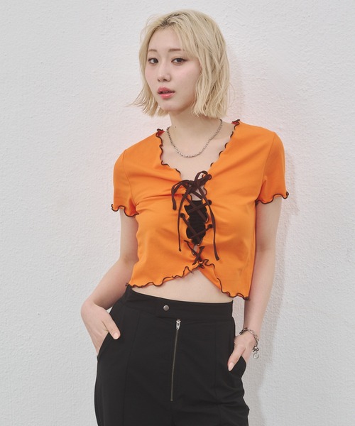 ANDREDAMO 売れ筋商品|||アンドレダモ Tシャツ トップス レディース Tops Orange セール】レースアップコンパクトトップス 半袖（Tシャツ