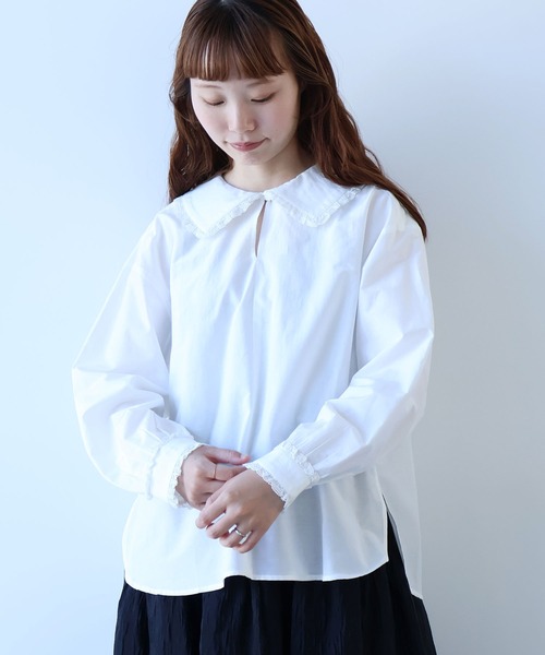 bulle de savon（ビュルデサボン）の「△コットン/シルク lace フリル衿ブラウス（シャツ/ブラウス・レディース・ホワイト/ブルーグレー/ブラック・FREE）」の2枚目の写真