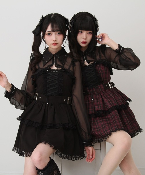 DearMyLove（ディアマイラブ）の「ｽﾀｯｽﾞｼﾞｯﾌﾟｼｱｰﾎﾞﾚﾛﾚｰｽﾌﾘﾙｷｬﾐﾜﾝﾋﾟｰｽ（ワンピース・レディース・ブラック/パープル/ストライプ/ボルドー・SMALL/MEDIUM/LARGE/LL/3L）」の6枚目の写真