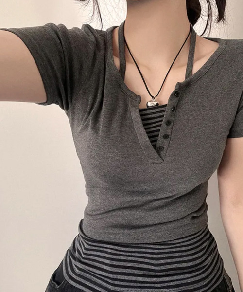 tシャツ ホルターネックレイヤードリブTOP レディース セール】【forksy.】ホルターネック リブ レイヤードトップス（T