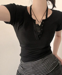 ホルターネック レイヤード風 半袖Tシャツ