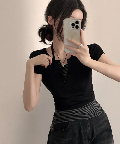 tシャツ ホルターネックレイヤードリブTOP レディース セール】【forksy.】ホルターネック リブ レイヤードトップス（T