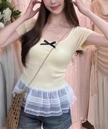 SS胸元リボンレースフリル付きトップス