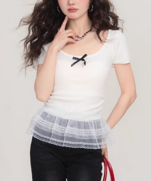 ampm（エーエムピーエム）の「SS胸元リボンレースフリル付きトップス（Tシャツ/カットソー・レディース・アイボリー/ブラック/ブルー/イエロー・FREE）」の2枚目の写真