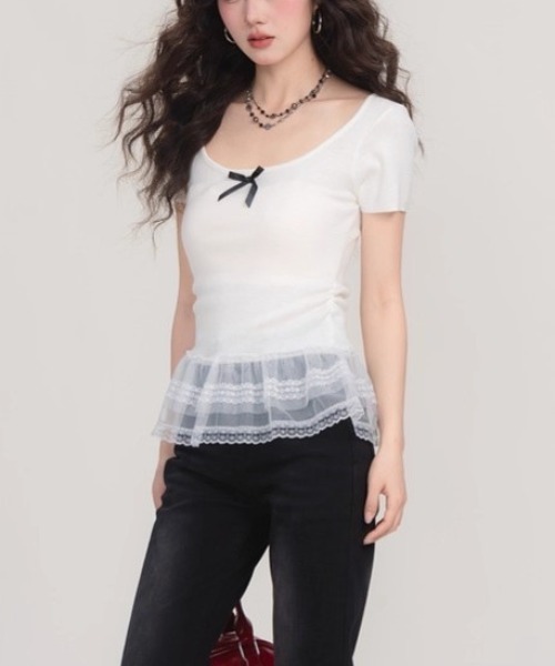 ampm（エーエムピーエム）の「SS胸元リボンレースフリル付きトップス（Tシャツ/カットソー・レディース・アイボリー/ブラック/ブルー/イエロー・FREE）」の12枚目の写真