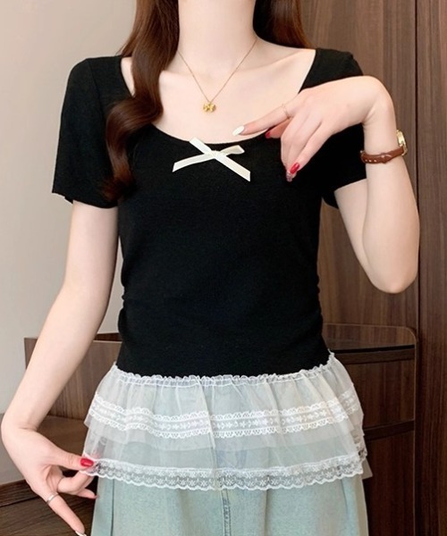 ampm（エーエムピーエム）の「SS胸元リボンレースフリル付きトップス（Tシャツ/カットソー・レディース・アイボリー/ブラック/ブルー/イエロー・FREE）」の20枚目の写真