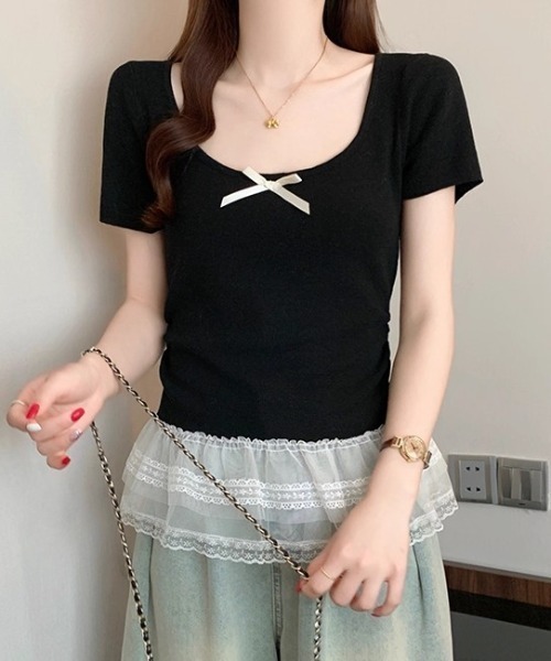 ampm（エーエムピーエム）の「SS胸元リボンレースフリル付きトップス（Tシャツ/カットソー・レディース・アイボリー/ブラック/ブルー/イエロー・FREE）」の21枚目の写真