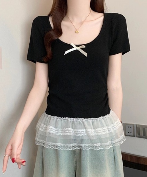 ampm（エーエムピーエム）の「SS胸元リボンレースフリル付きトップス（Tシャツ/カットソー・レディース・アイボリー/ブラック/ブルー/イエロー・FREE）」の22枚目の写真