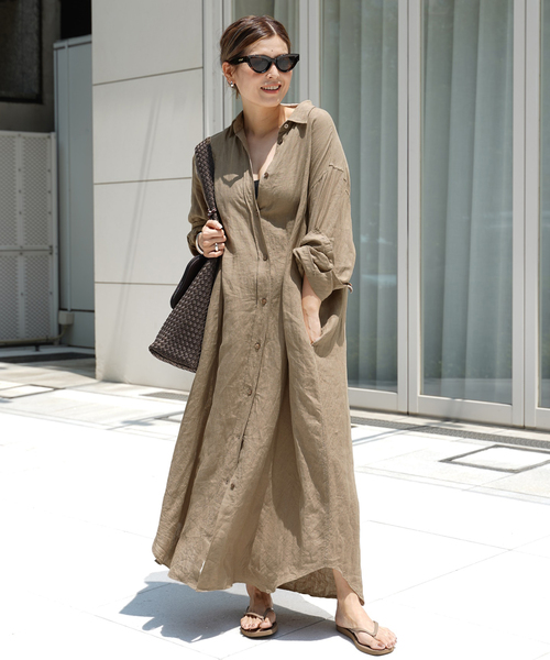 新品 Deuxieme Classe LInen シャツドレス ベージュ 38 新品 Deuxieme Classe LInen シャツドレス ベージュ 38（AP