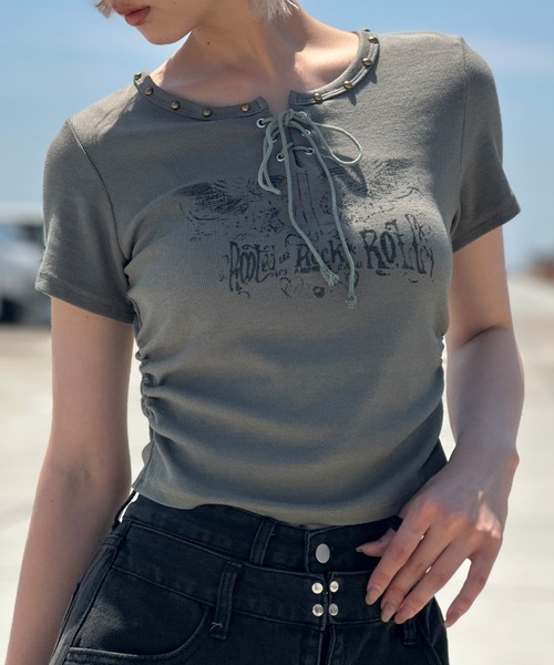 SpRay（スプレイ）の「テレコイーグルスタッズTシャツ（Tシャツ/カットソー・レディース・アイボリー/ブラック/ライトベージュ/カーキ/ホワイト/ブラウン・FREE/LARGE）」の6枚目の写真