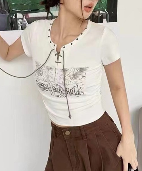 SpRay（スプレイ）の「テレコイーグルスタッズTシャツ（Tシャツ/カットソー・レディース・アイボリー/ブラック/ライトベージュ/カーキ/ホワイト/ブラウン・FREE/LARGE）」の7枚目の写真