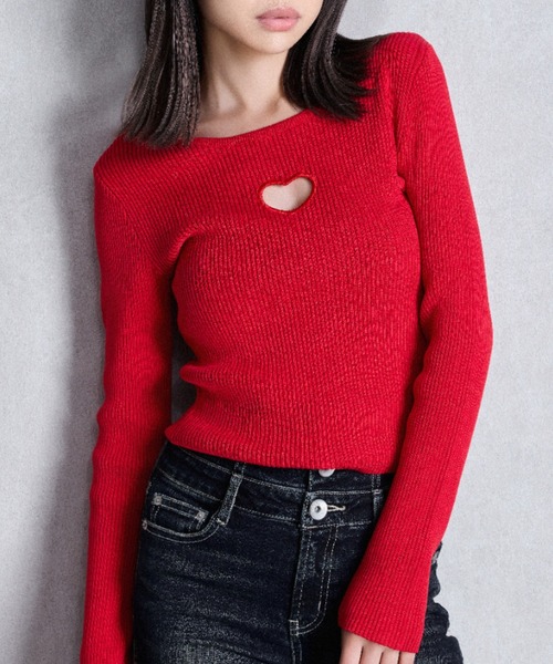 GYDA（ジェイダ）の「OPEN HEART ニットトップス（ニット/セーター・レディース・レッド/オフホワイト/ブラック・FREE）」の3枚目の写真