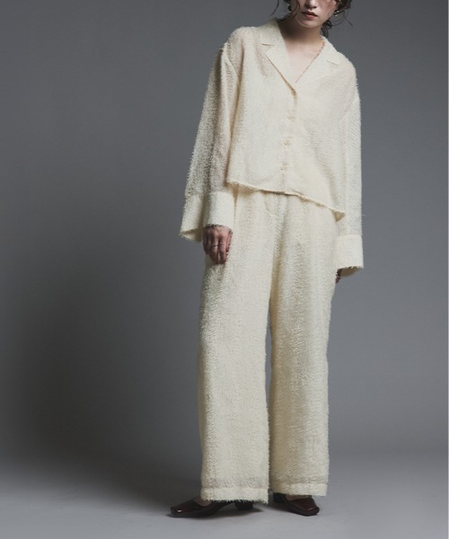 W:Huku（フーク）の「フェザーヤーン ショート シャツ ジャケット / Feather Yarn Short Shirt Jacket（シャツ/ブラウス・レディース・ブラック/アイボリー・FREE）」の5枚目の写真