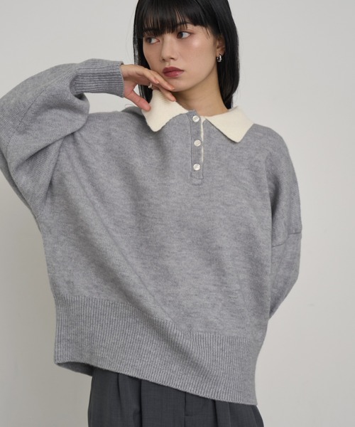 NOGLE（ノグル）の「【NOGLE/ノグル】オーバーポロニット（ニット/セーター・レディース・ネイビー/ブルー/グレー/レッド/カーキ/グレー×ホワイト/ライトグレー系/ブラウン系/ブラック×ホワイト/グレイッシュベージュ/グレー系/ネイビー系/ホワイト×ブラック/ブラック/ブラウン系1・FREE）」の6枚目の写真