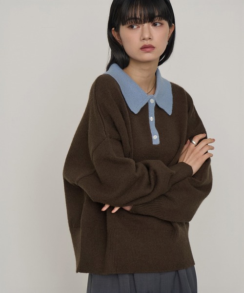 NOGLE（ノグル）の「【NOGLE/ノグル】オーバーポロニット（ニット/セーター・レディース・ネイビー/ブルー/グレー/レッド/カーキ/グレー×ホワイト/ライトグレー系/ブラウン系/ブラック×ホワイト/グレイッシュベージュ/グレー系/ネイビー系/ホワイト×ブラック/ブラック/ブラウン系1・FREE）」の9枚目の写真