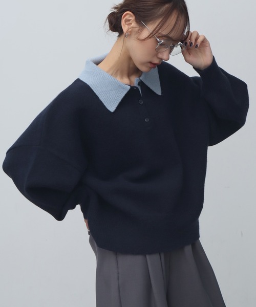 NOGLE（ノグル）の「【NOGLE/ノグル】オーバーポロニット（ニット/セーター・レディース・ネイビー/ブルー/グレー/レッド/カーキ/グレー×ホワイト/ライトグレー系/ブラウン系/ブラック×ホワイト/グレイッシュベージュ/グレー系/ネイビー系/ホワイト×ブラック/ブラック/ブラウン系1・FREE）」の14枚目の写真