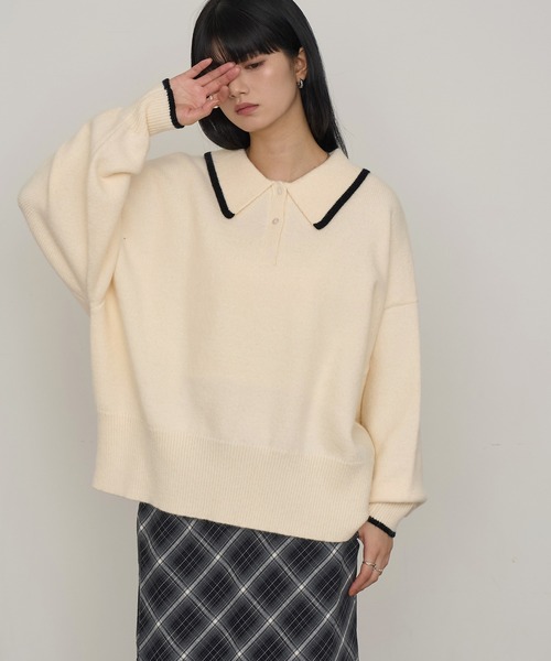 NOGLE（ノグル）の「【NOGLE/ノグル】オーバーポロニット（ニット/セーター・レディース・ネイビー/ブルー/グレー/レッド/カーキ/グレー×ホワイト/ライトグレー系/ブラウン系/ブラック×ホワイト/グレイッシュベージュ/グレー系/ネイビー系/ホワイト×ブラック/ブラック/ブラウン系1・FREE）」の2枚目の写真