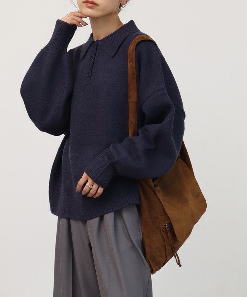 NOGLE（ノグル）の「【NOGLE/ノグル】オーバーポロニット（ニット/セーター・レディース・ネイビー/ブルー/グレー/レッド/カーキ/グレー×ホワイト/ライトグレー系/ブラウン系/ブラック×ホワイト/グレイッシュベージュ/グレー系/ネイビー系/ホワイト×ブラック/ブラック/ブラウン系1・FREE）」の12枚目の写真