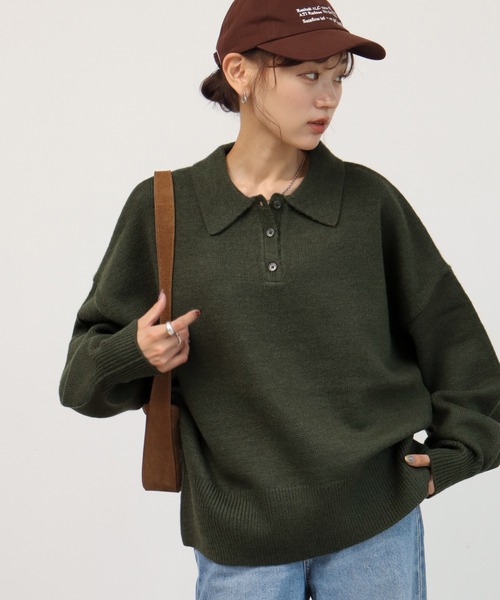 NOGLE（ノグル）の「【NOGLE/ノグル】オーバーポロニット（ニット/セーター・レディース・ネイビー/ブルー/グレー/レッド/カーキ/グレー×ホワイト/ライトグレー系/ブラウン系/ブラック×ホワイト/グレイッシュベージュ/グレー系/ネイビー系/ホワイト×ブラック/ブラック/ブラウン系1・FREE）」の11枚目の写真